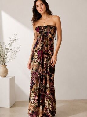 MY♡SE Silk Strapless Maxi Dress Sz M Abstract Floral Print Tie Front Lined Boho